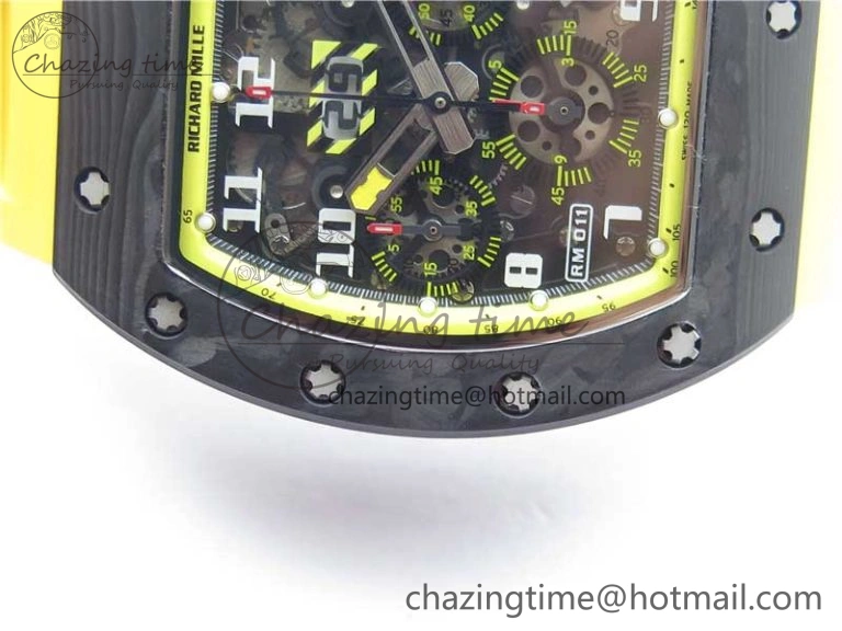 WeatherProof RM011 NTPT Carbon Chrono KVF 1:1 Best Edition Crystal Skeleton Dial Yellow Inner Bezel on Yellow Rubber Strap A 9401