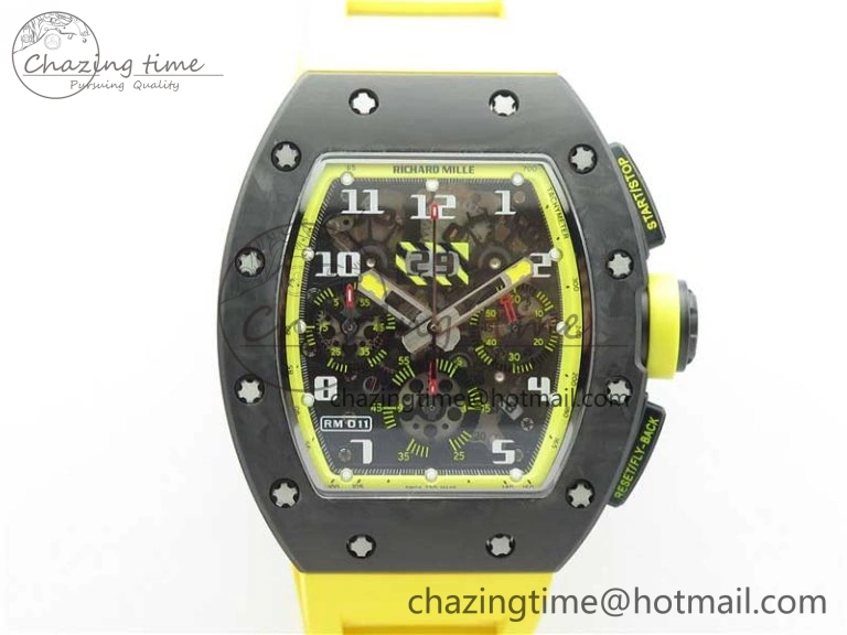 WeatherProof RM011 NTPT Carbon Chrono KVF 1:1 Best Edition Crystal Skeleton Dial Yellow Inner Bezel on Yellow Rubber Strap A 9401