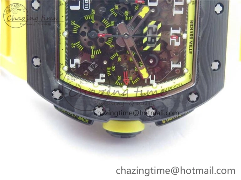 WeatherProof RM011 NTPT Carbon Chrono KVF 1:1 Best Edition Crystal Skeleton Dial Yellow Inner Bezel on Yellow Rubber Strap A 9401
