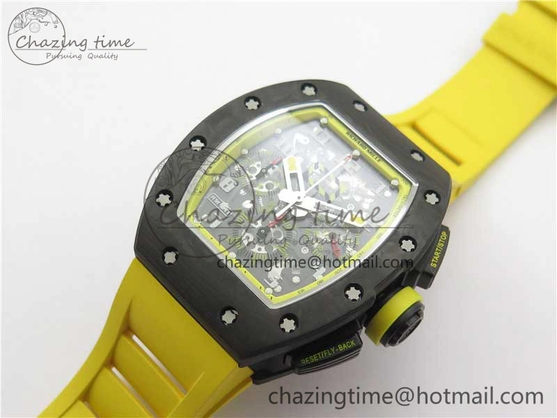 WeatherProof RM011 NTPT Carbon Chrono KVF 1:1 Best Edition Crystal Skeleton Dial Yellow Inner Bezel on Yellow Rubber Strap A 9401