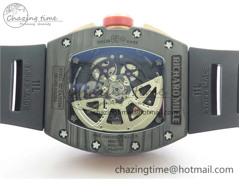 Durable RM011 RG Case Carbon Bezel Chronograph KVF 1:1 Best Edition Skeleton Dial Red RG on Black Rubber Strap A7750 V 9428