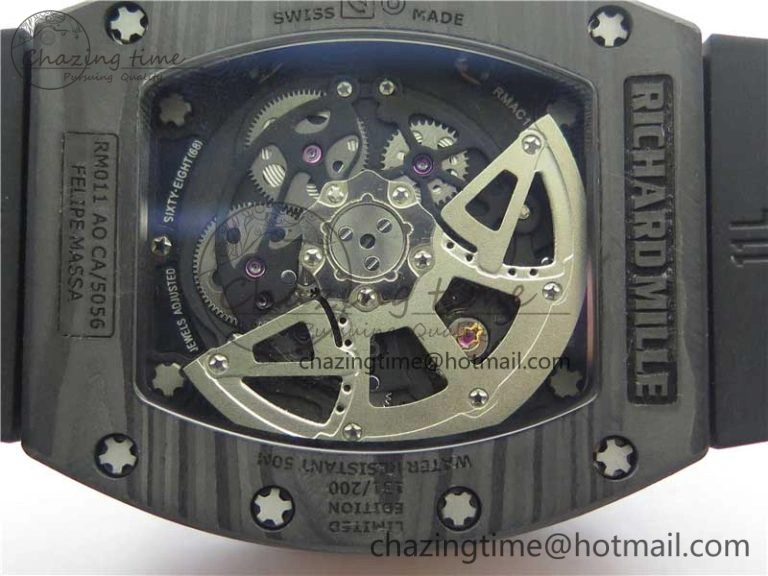 Durable RM011 RG Case Carbon Bezel Chronograph KVF 1:1 Best Edition Skeleton Dial Red RG on Black Rubber Strap A7750 V 9428