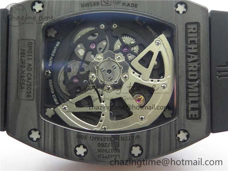 Durable RM011 RG Case Carbon Bezel Chronograph KVF 1:1 Best Edition Skeleton Dial Red RG on Black Rubber Strap A7750 V 9428