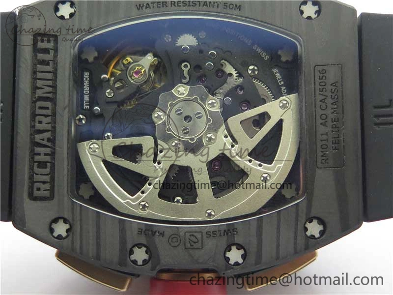 Durable RM011 RG Case Carbon Bezel Chronograph KVF 1:1 Best Edition Skeleton Dial Red RG on Black Rubber Strap A7750 V 9428