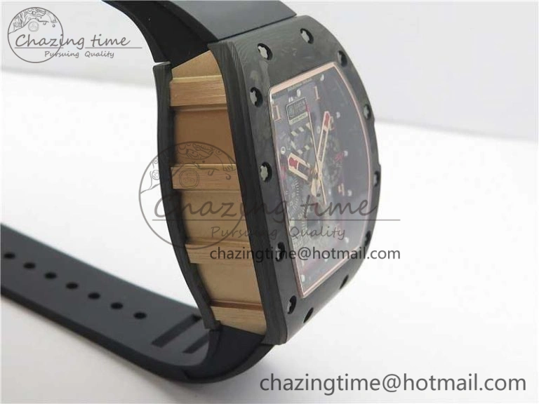 Durable RM011 RG Case Carbon Bezel Chronograph KVF 1:1 Best Edition Skeleton Dial Red RG on Black Rubber Strap A7750 V 9428
