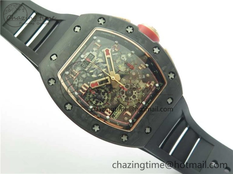 Durable RM011 RG Case Carbon Bezel Chronograph KVF 1:1 Best Edition Skeleton Dial Red RG on Black Rubber Strap A7750 V 9428