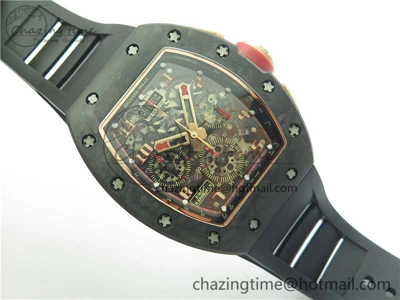 Durable RM011 RG Case Carbon Bezel Chronograph KVF 1:1 Best Edition Skeleton Dial Red RG on Black Rubber Strap A7750 V 9428