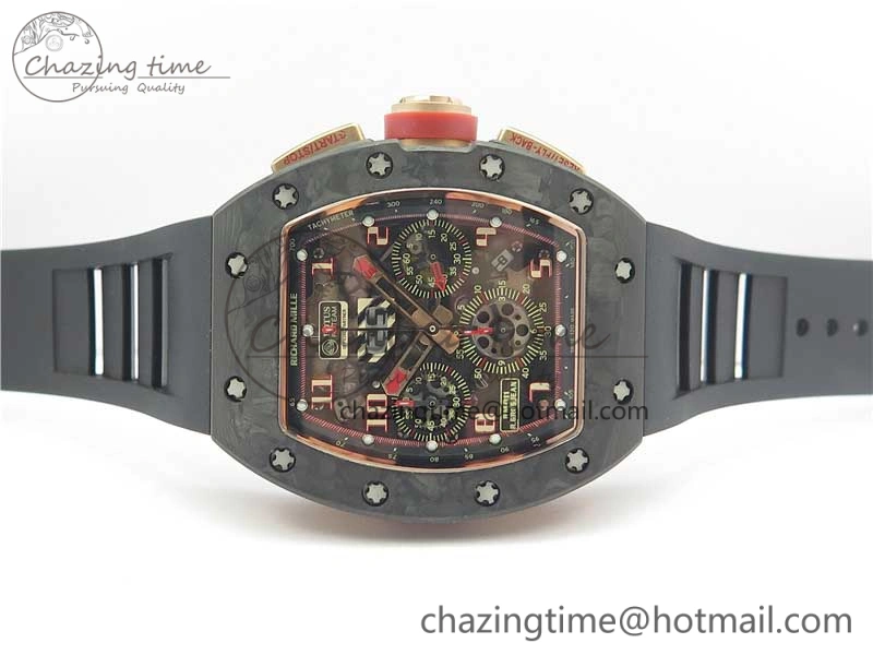Durable RM011 RG Case Carbon Bezel Chronograph KVF 1:1 Best Edition Skeleton Dial Red RG on Black Rubber Strap A7750 V 9428