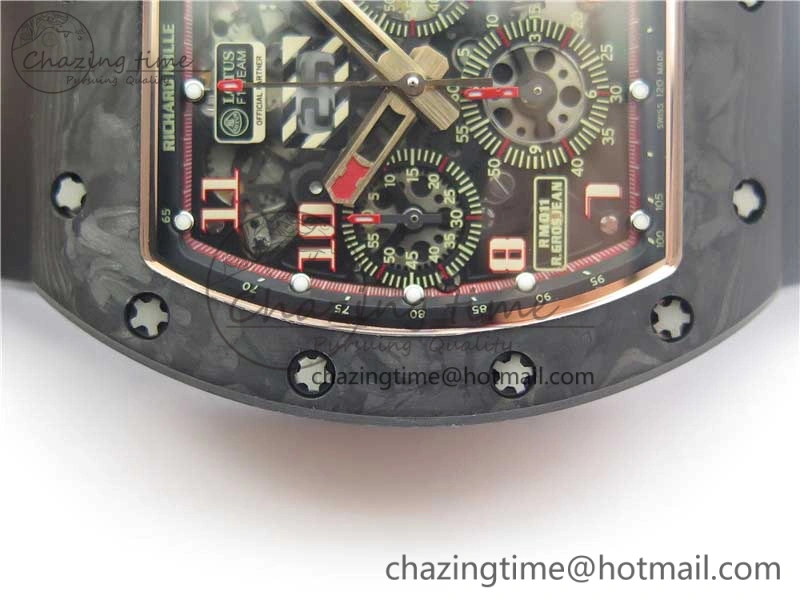 Durable RM011 RG Case Carbon Bezel Chronograph KVF 1:1 Best Edition Skeleton Dial Red RG on Black Rubber Strap A7750 V 9428