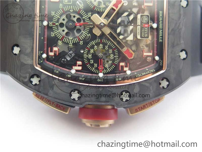 Durable RM011 RG Case Carbon Bezel Chronograph KVF 1:1 Best Edition Skeleton Dial Red RG on Black Rubber Strap A7750 V 9428