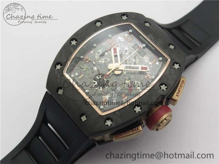 Durable RM011 RG Case Carbon Bezel Chronograph KVF 1:1 Best Edition Skeleton Dial Red RG on Black Rubber Strap A7750 V 9428