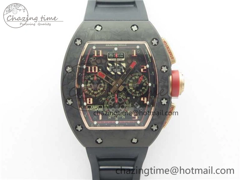 Durable RM011 RG Case Carbon Bezel Chronograph KVF 1:1 Best Edition Skeleton Dial Red RG on Black Rubber Strap A7750 V 9428
