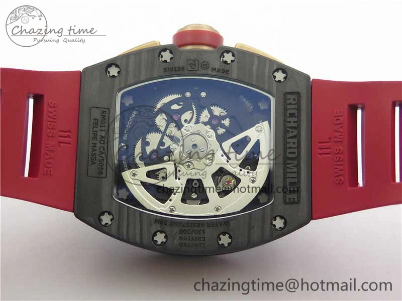 RM011 RG Case Carbon Bezel Chronograph KVF 1:1 Best Edition Skeleton Dial Red RG on Red Rubber Strap A7750 V WaterResistant 9425