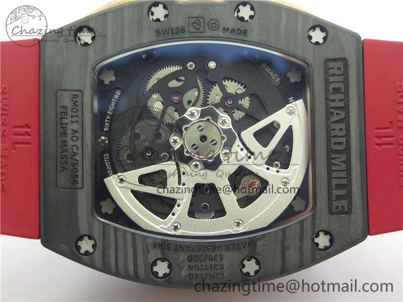 RM011 RG Case Carbon Bezel Chronograph KVF 1:1 Best Edition Skeleton Dial Red RG on Red Rubber Strap A7750 V WaterResistant 9425