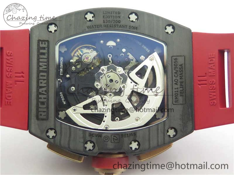 RM011 RG Case Carbon Bezel Chronograph KVF 1:1 Best Edition Skeleton Dial Red RG on Red Rubber Strap A7750 V WaterResistant 9425