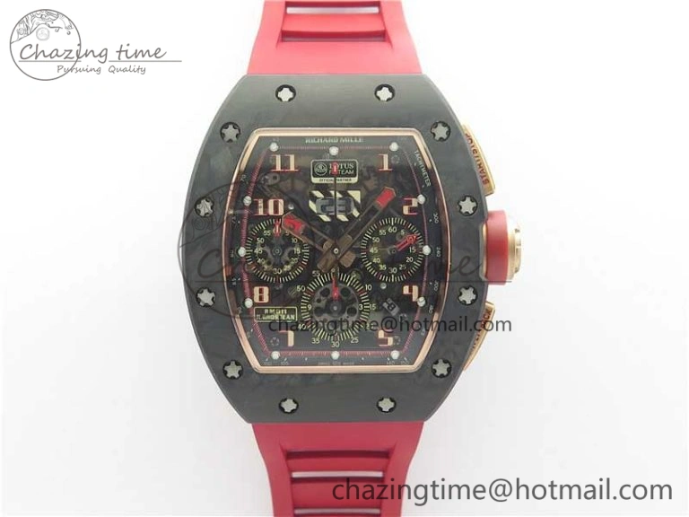 RM011 RG Case Carbon Bezel Chronograph KVF 1:1 Best Edition Skeleton Dial Red RG on Red Rubber Strap A7750 V WaterResistant 9425