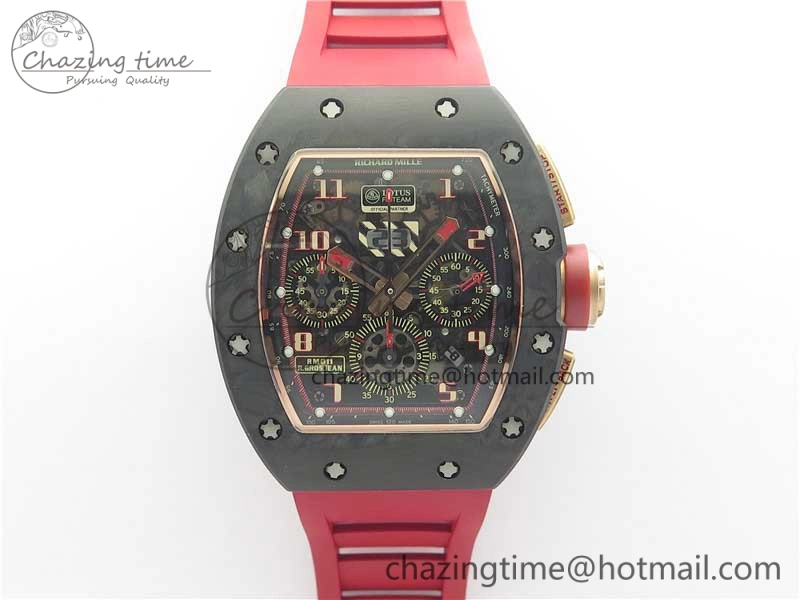 RM011 RG Case Carbon Bezel Chronograph KVF 1:1 Best Edition Skeleton Dial Red RG on Red Rubber Strap A7750 V WaterResistant 9425