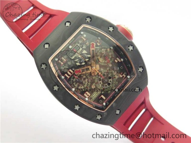 RM011 RG Case Carbon Bezel Chronograph KVF 1:1 Best Edition Skeleton Dial Red RG on Red Rubber Strap A7750 V WaterResistant 9425