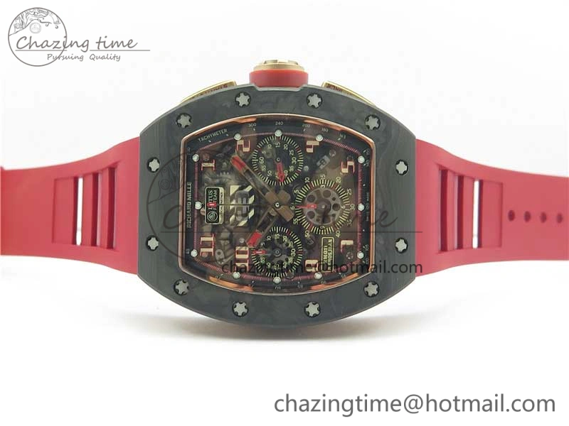 RM011 RG Case Carbon Bezel Chronograph KVF 1:1 Best Edition Skeleton Dial Red RG on Red Rubber Strap A7750 V WaterResistant 9425