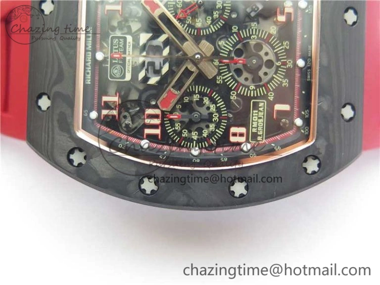RM011 RG Case Carbon Bezel Chronograph KVF 1:1 Best Edition Skeleton Dial Red RG on Red Rubber Strap A7750 V WaterResistant 9425