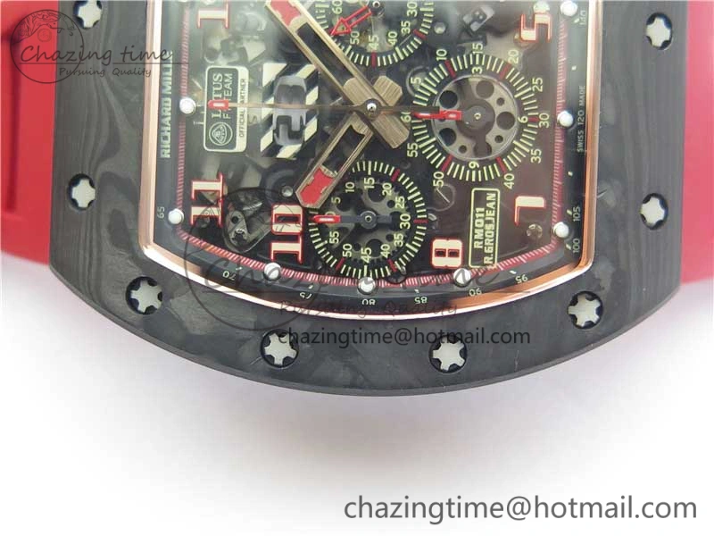RM011 RG Case Carbon Bezel Chronograph KVF 1:1 Best Edition Skeleton Dial Red RG on Red Rubber Strap A7750 V WaterResistant 9425