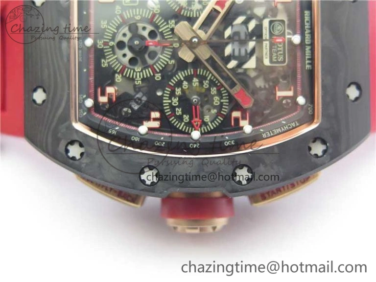 RM011 RG Case Carbon Bezel Chronograph KVF 1:1 Best Edition Skeleton Dial Red RG on Red Rubber Strap A7750 V WaterResistant 9425