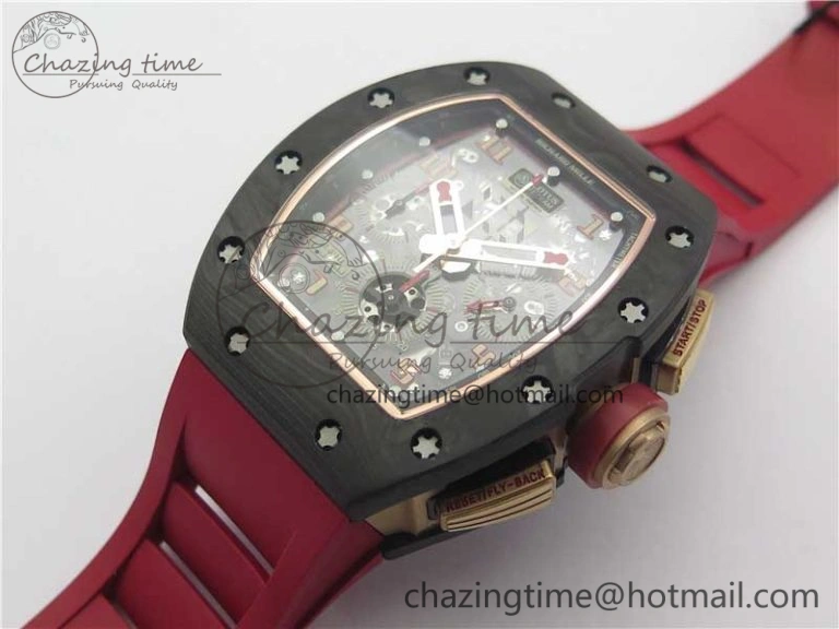RM011 RG Case Carbon Bezel Chronograph KVF 1:1 Best Edition Skeleton Dial Red RG on Red Rubber Strap A7750 V WaterResistant 9425
