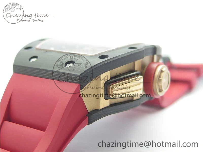 RM011 RG Case Carbon Bezel Chronograph KVF 1:1 Best Edition Skeleton Dial Red RG on Red Rubber Strap A7750 V WaterResistant 9425