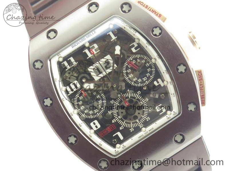 Stretchable RM011 RG Case Chrono KVF 1:1 Best Edition Black Ceramic Bezel Skeleton Dial On Black Rubber Strap A 9492