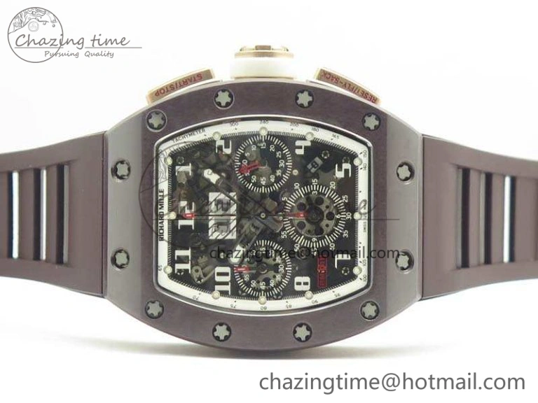 Stretchable RM011 RG Case Chrono KVF 1:1 Best Edition Black Ceramic Bezel Skeleton Dial On Black Rubber Strap A 9492