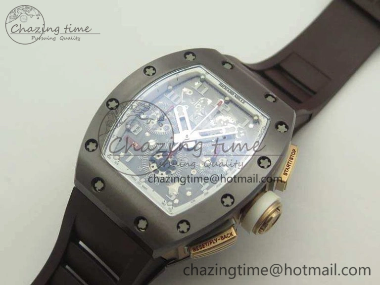 Stretchable RM011 RG Case Chrono KVF 1:1 Best Edition Black Ceramic Bezel Skeleton Dial On Black Rubber Strap A 9492
