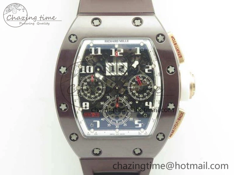 Stretchable RM011 RG Case Chrono KVF 1:1 Best Edition Black Ceramic Bezel Skeleton Dial On Black Rubber Strap A 9492