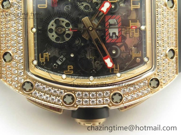ModernLook RM011 RG Chronograph Diamonds Bezel KVF 1:1 Best Edition Crystal Skeleton Dial on Black Rubber Strap A 9464