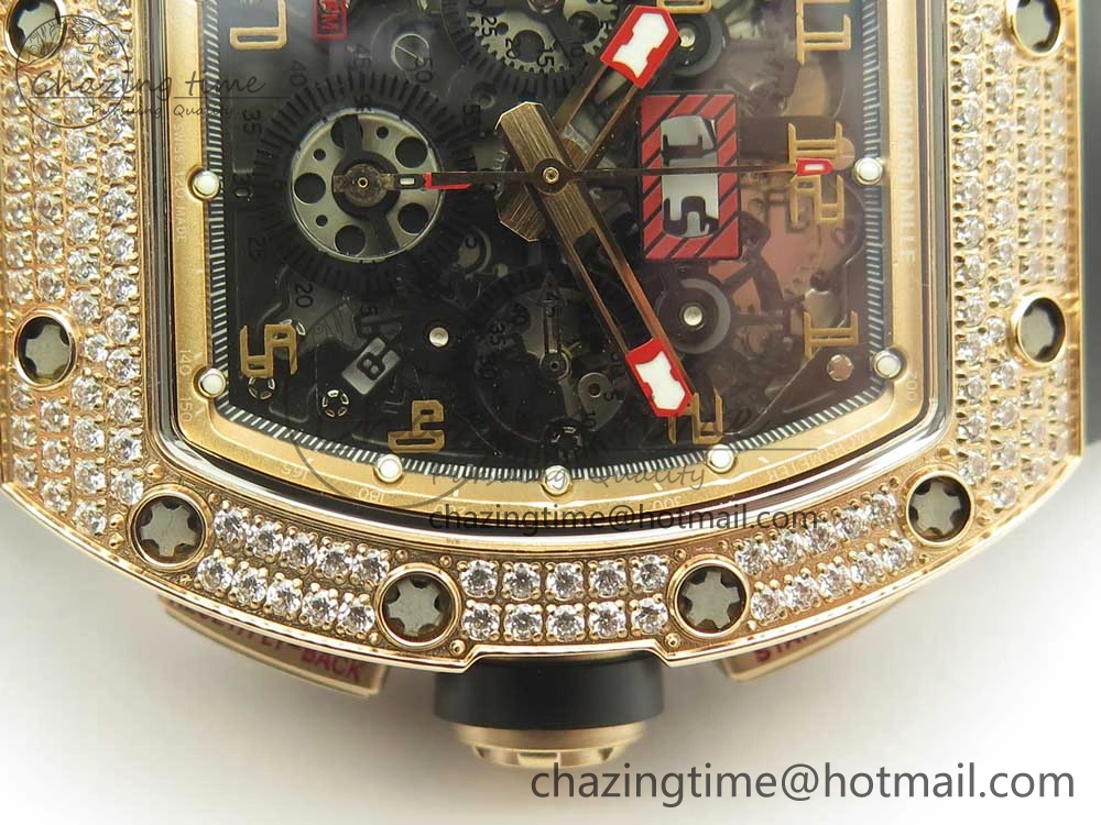 ModernLook RM011 RG Chronograph Diamonds Bezel KVF 1:1 Best Edition Crystal Skeleton Dial on Black Rubber Strap A 9464