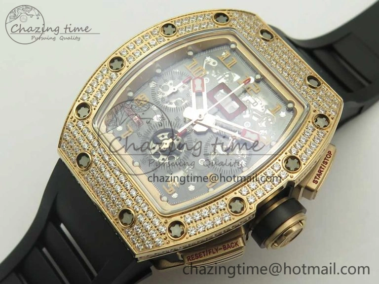 ModernLook RM011 RG Chronograph Diamonds Bezel KVF 1:1 Best Edition Crystal Skeleton Dial on Black Rubber Strap A 9464