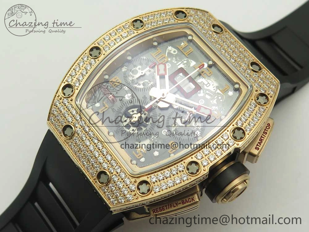 ModernLook RM011 RG Chronograph Diamonds Bezel KVF 1:1 Best Edition Crystal Skeleton Dial on Black Rubber Strap A 9464