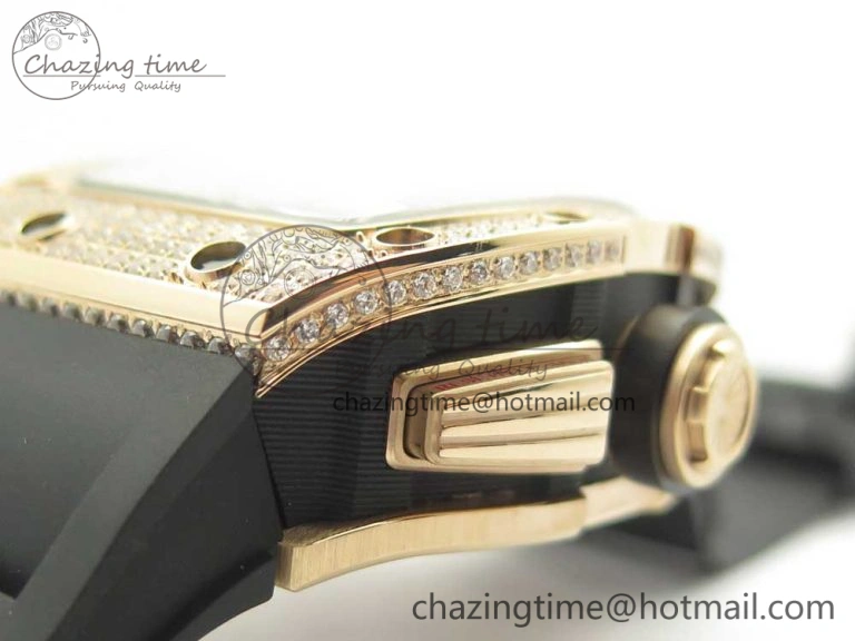 ModernLook RM011 RG Chronograph Diamonds Bezel KVF 1:1 Best Edition Crystal Skeleton Dial on Black Rubber Strap A 9464