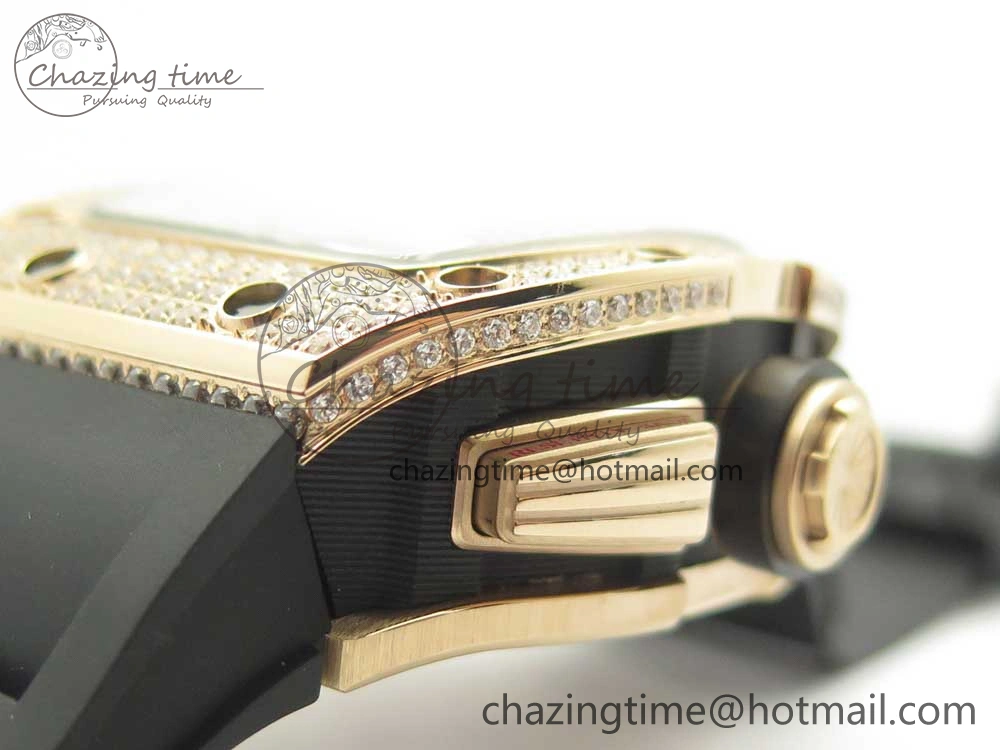 ModernLook RM011 RG Chronograph Diamonds Bezel KVF 1:1 Best Edition Crystal Skeleton Dial on Black Rubber Strap A 9464