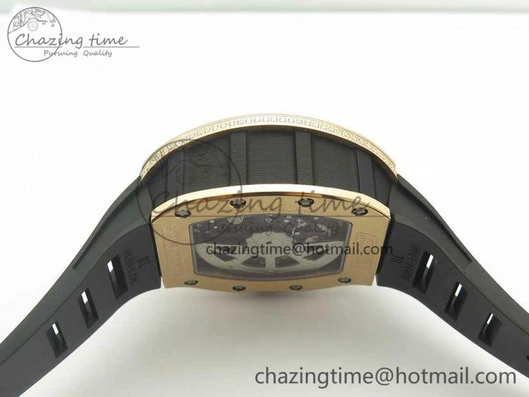 ModernLook RM011 RG Chronograph Diamonds Bezel KVF 1:1 Best Edition Crystal Skeleton Dial on Black Rubber Strap A 9464