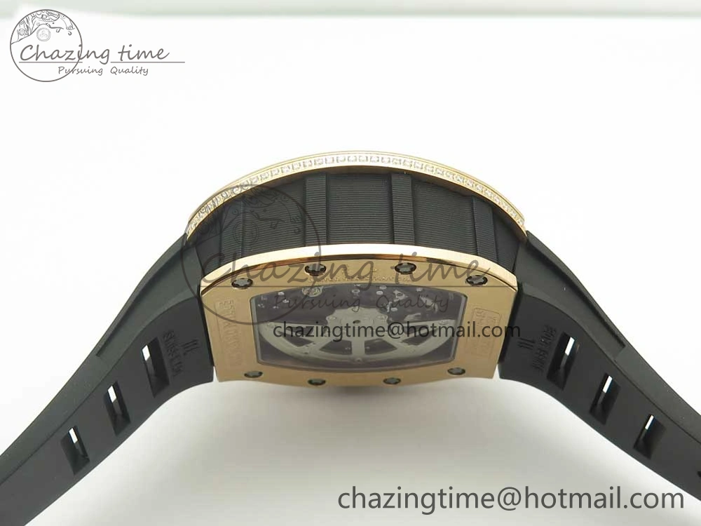 ModernLook RM011 RG Chronograph Diamonds Bezel KVF 1:1 Best Edition Crystal Skeleton Dial on Black Rubber Strap A 9464