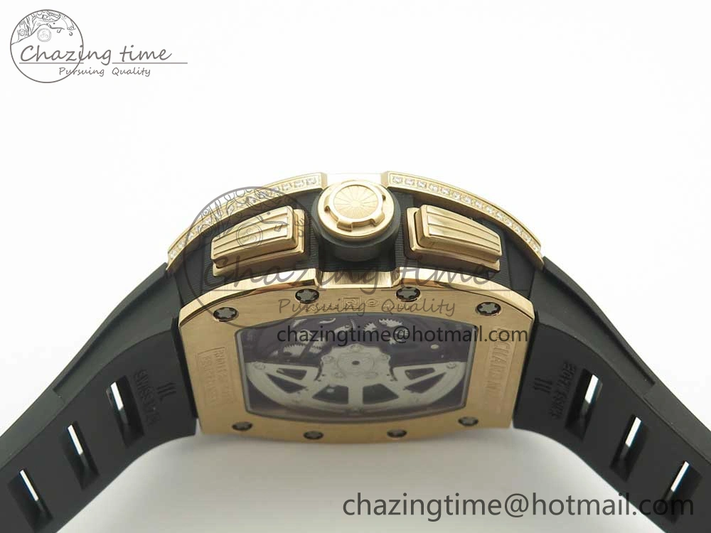 ModernLook RM011 RG Chronograph Diamonds Bezel KVF 1:1 Best Edition Crystal Skeleton Dial on Black Rubber Strap A 9464