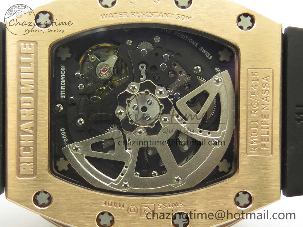 ModernLook RM011 RG Chronograph Diamonds Bezel KVF 1:1 Best Edition Crystal Skeleton Dial on Black Rubber Strap A 9464