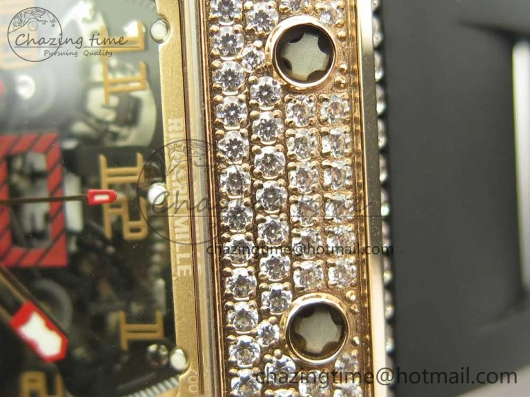ModernLook RM011 RG Chronograph Diamonds Bezel KVF 1:1 Best Edition Crystal Skeleton Dial on Black Rubber Strap A 9464