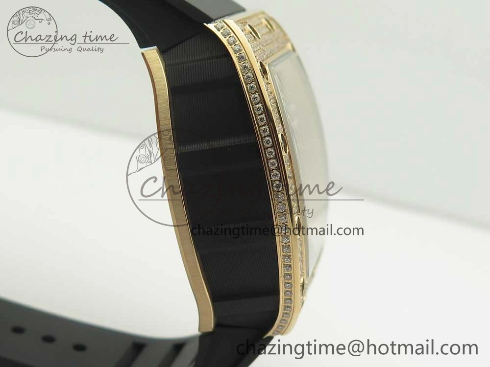 ModernLook RM011 RG Chronograph Diamonds Bezel KVF 1:1 Best Edition Crystal Skeleton Dial on Black Rubber Strap A 9464