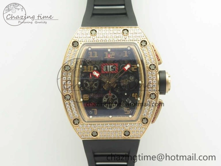ModernLook RM011 RG Chronograph Diamonds Bezel KVF 1:1 Best Edition Crystal Skeleton Dial on Black Rubber Strap A 9464