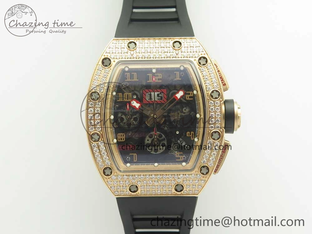 ModernLook RM011 RG Chronograph Diamonds Bezel KVF 1:1 Best Edition Crystal Skeleton Dial on Black Rubber Strap A 9464