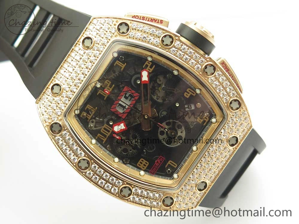 ModernLook RM011 RG Chronograph Diamonds Bezel KVF 1:1 Best Edition Crystal Skeleton Dial on Black Rubber Strap A 9464