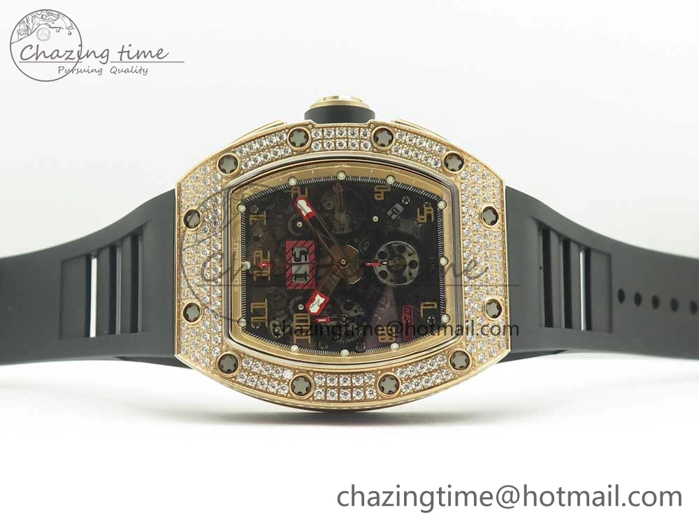 ModernLook RM011 RG Chronograph Diamonds Bezel KVF 1:1 Best Edition Crystal Skeleton Dial on Black Rubber Strap A 9464