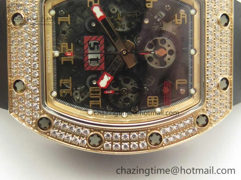 ModernLook RM011 RG Chronograph Diamonds Bezel KVF 1:1 Best Edition Crystal Skeleton Dial on Black Rubber Strap A 9464