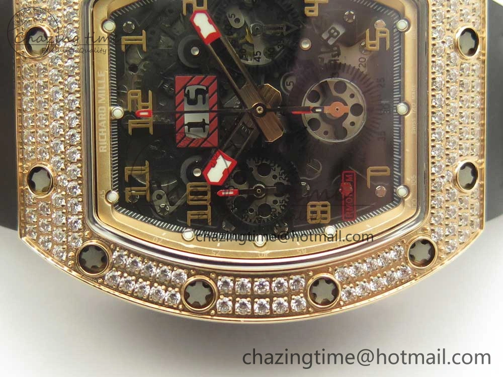 ModernLook RM011 RG Chronograph Diamonds Bezel KVF 1:1 Best Edition Crystal Skeleton Dial on Black Rubber Strap A 9464